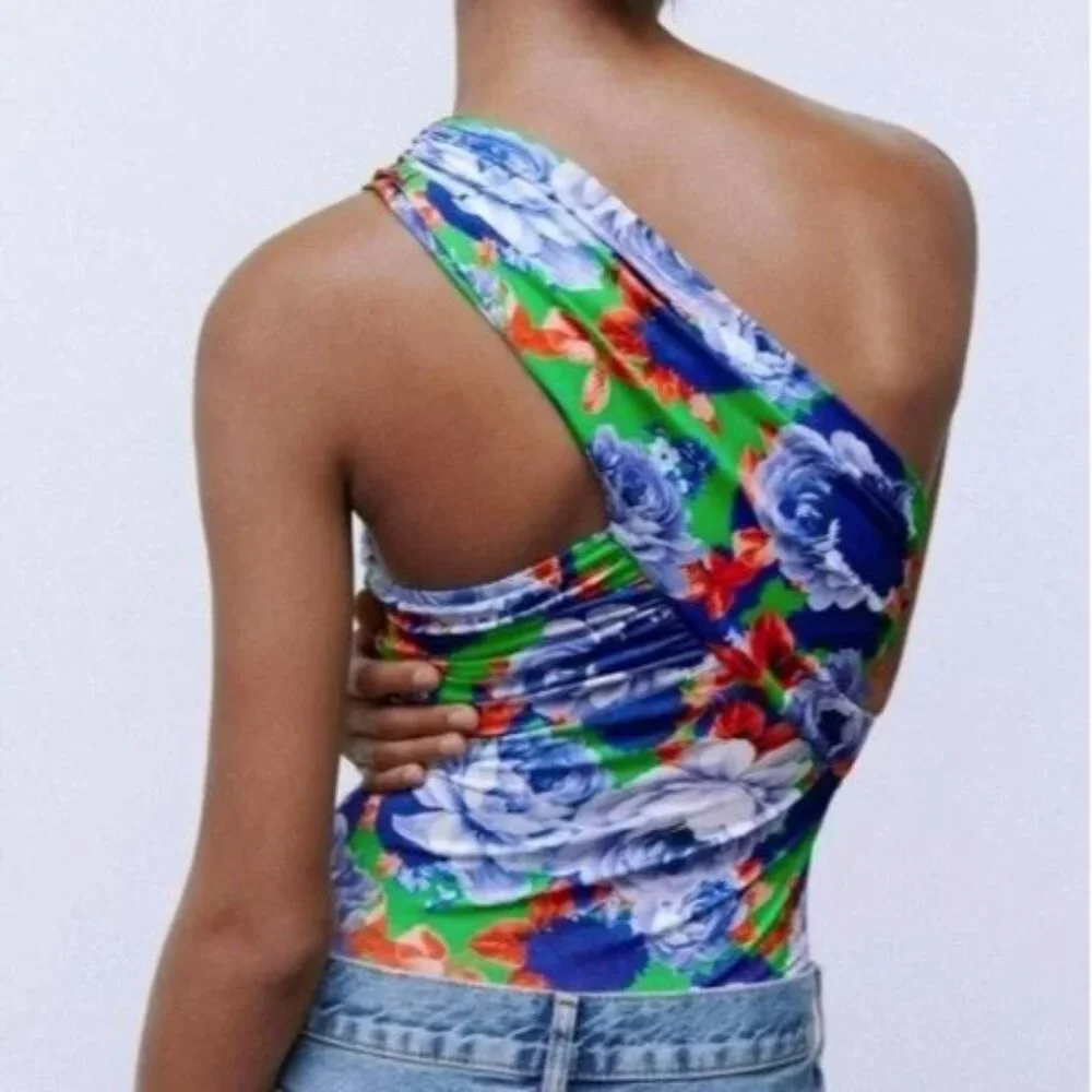 ZARA Blue & Green Floral one Shoulder Asymmetrical Bloggers Fav Bodysuit, Medium - Picture 2 of 7